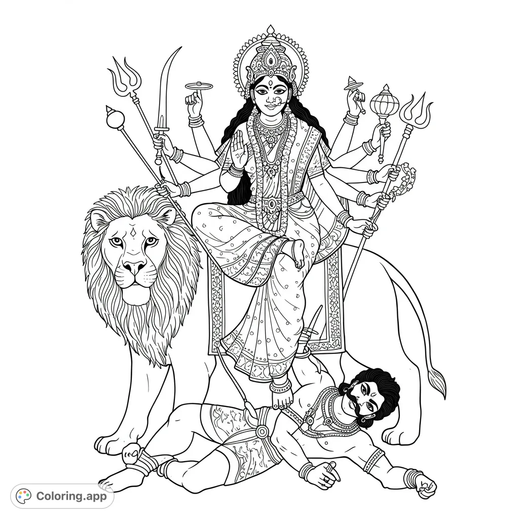 Majestic Goddess Durga, multi-armed and adorned, rides her powerful lion, triumphing over evil. A detailed Hindu mythology coloring page.