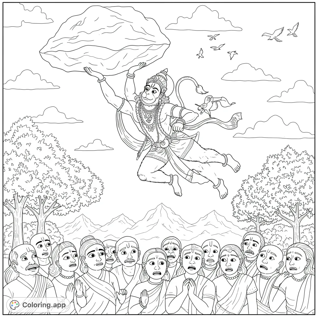 Mighty Hanuman flies with a mountain over an awestruck crowd in this epic Hindu mythology coloring page. Free printable for all ages!