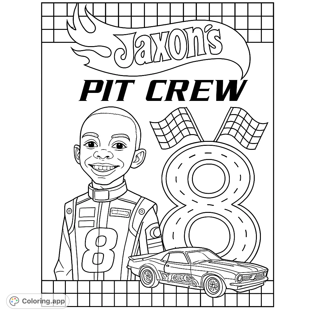 Dynamic racing theme coloring page featuring a young driver, a classic car, and a large number eight, perfect for speed enthusiasts.