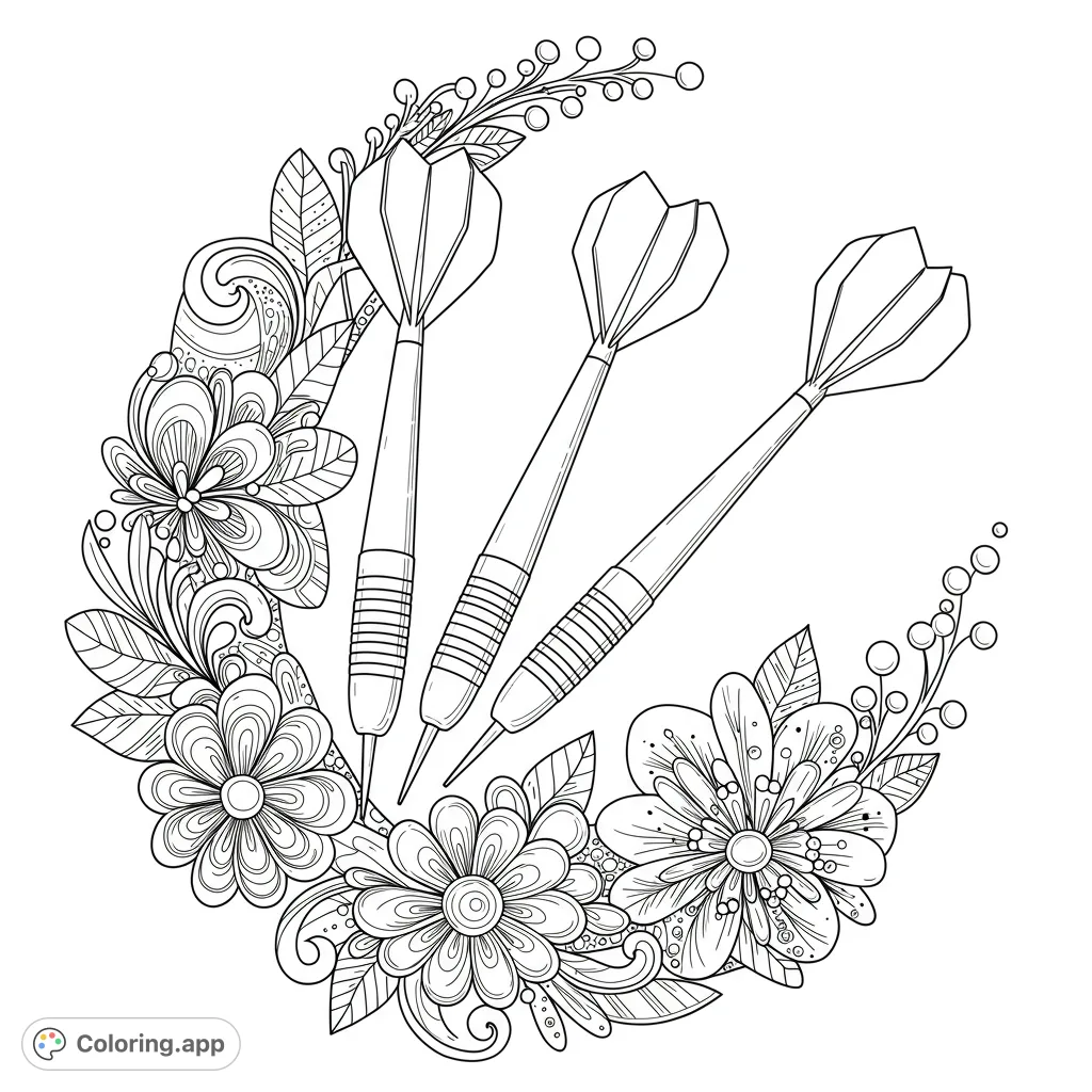 Three detailed darts are elegantly framed by an intricate floral border. A captivating sports and floral coloring page, perfect for all ages.