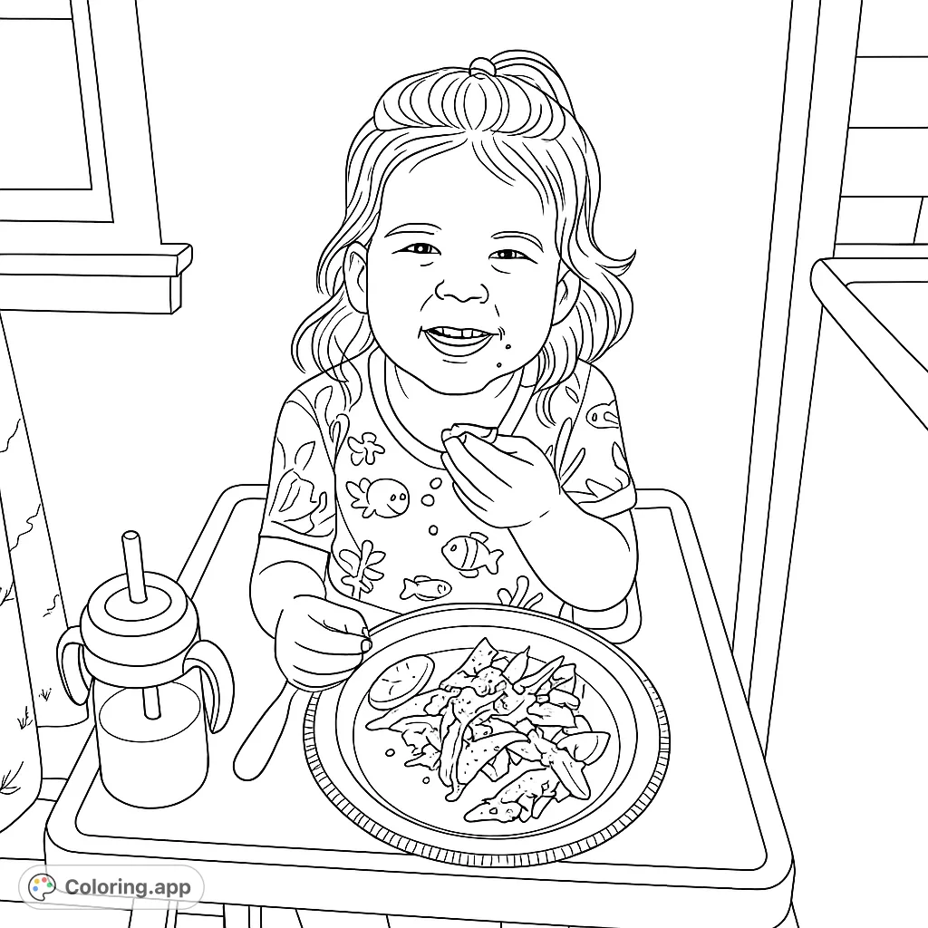 A delightful toddler enjoys a messy meal in a high chair, smiling brightly. This free printable coloring page captures everyday joy for kids and families.