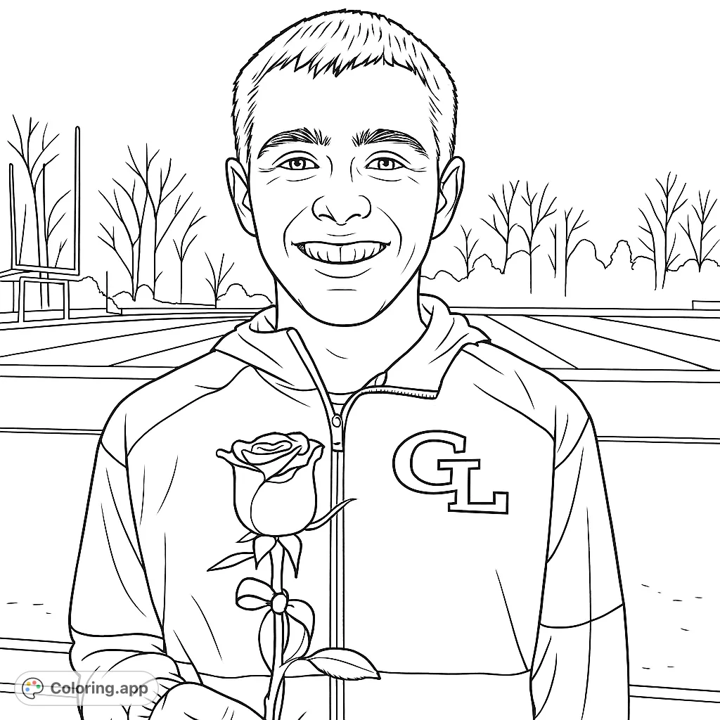 A smiling young man holds a rose on a sports field, a free printable athlete portrait coloring page for kids and adults to personalize.