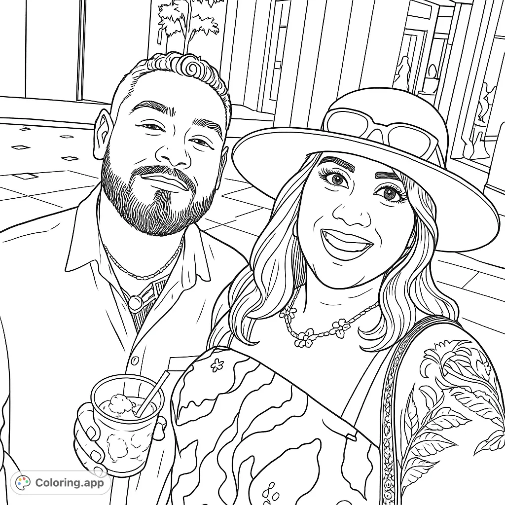 Capture joy with this free printable couple selfie coloring page! Features a smiling man and woman in an urban setting, perfect for all ages.