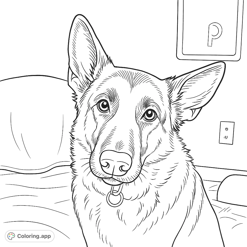 A charming dog portrait coloring page featuring a friendly canine with expressive eyes and textured fur, perfect for animal lovers.