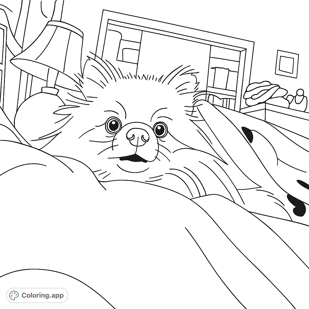 A charming fluffy dog peeks from cozy blankets in a bedroom scene. Perfect for a relaxing coloring session, this free printable coloring page captures a sweet moment.