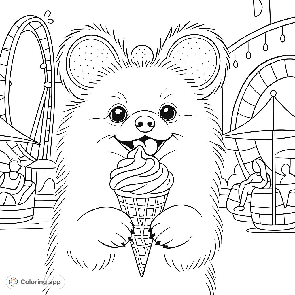 Adorable fluffy dog enjoying a swirled ice cream cone at a lively carnival, with Ferris wheels and rides in the background. A fun, free printable.