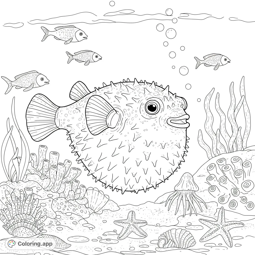 Dive into an ocean scene with a spiky pufferfish, swimming fish, and vibrant coral. A free printable underwater coloring page for all ages.