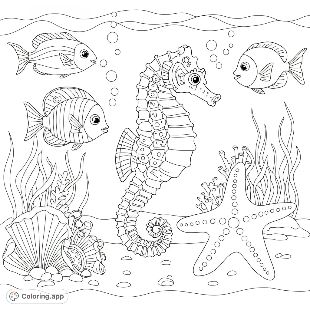 Dive into an enchanting ocean world! A majestic seahorse, playful fish, and a starfish await your colors in this delightful underwater scene. Perfect for all ages.