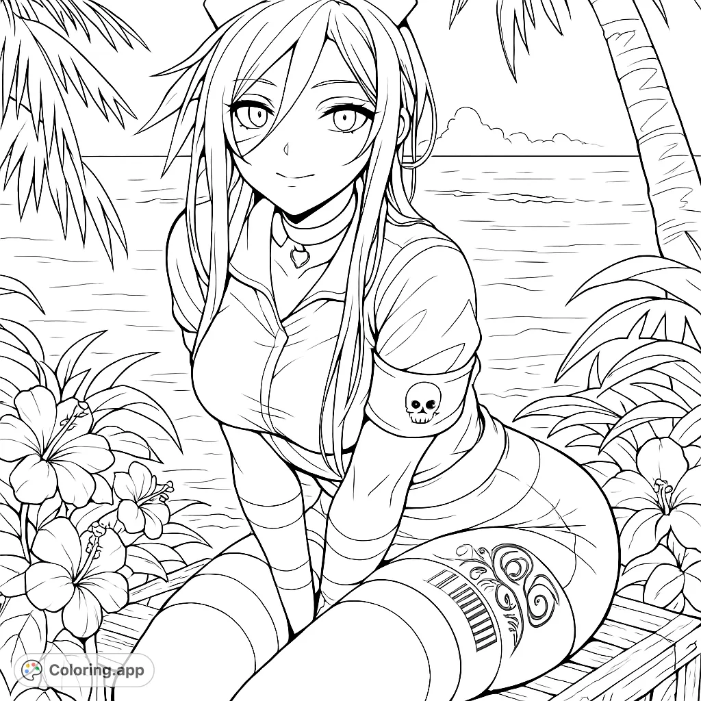 A stylish girl relaxes on a tropical beach, surrounded by palm trees and hibiscus flowers. Perfect for a summer-themed coloring escape.