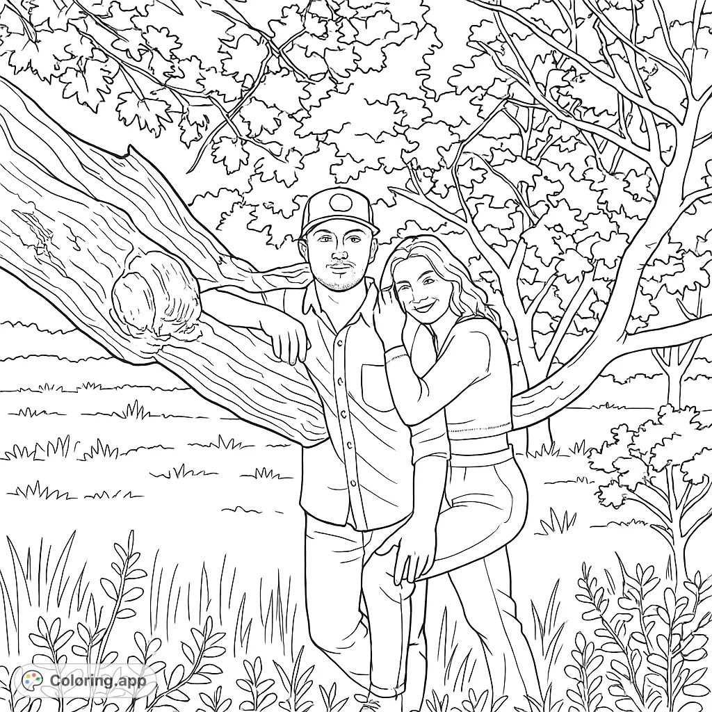 A romantic couple in a park, man leaning on a tree, woman smiling beside him. Lush nature background. A beautiful free printable couple coloring page.