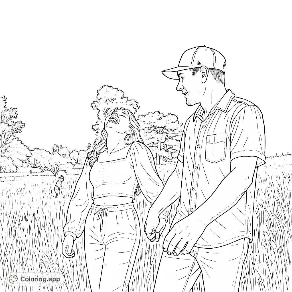 A happy couple walks hand-in-hand through a sun-drenched meadow, filled with laughter and love. A delightful nature scene for coloring.