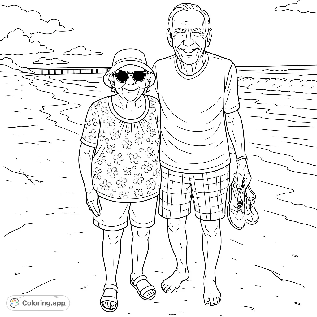 Capture the joy of a beach day with this charming coloring page featuring two smiling individuals by the ocean, complete with a pier and sandy shore.