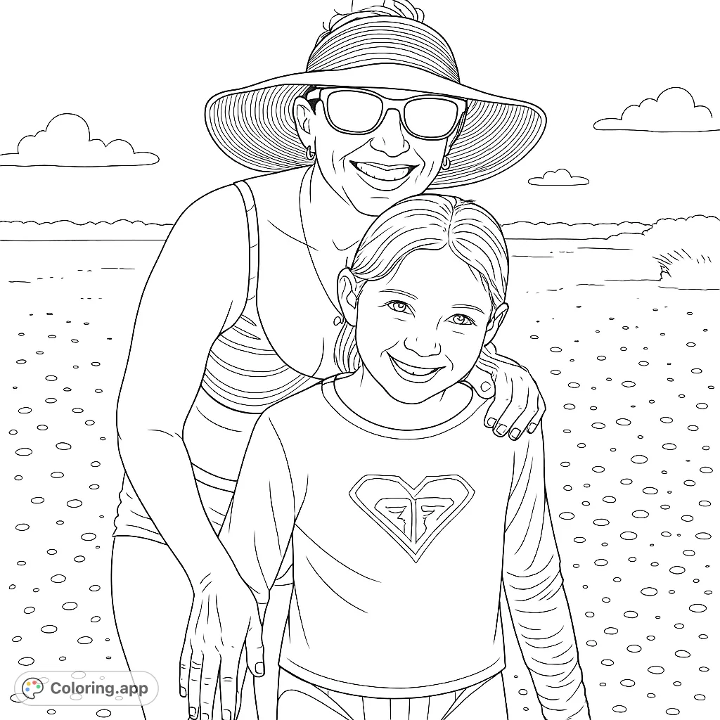 A heartwarming beach day coloring page featuring a smiling mother and daughter, perfect for summer fun. Enjoy this free printable family beach scene.