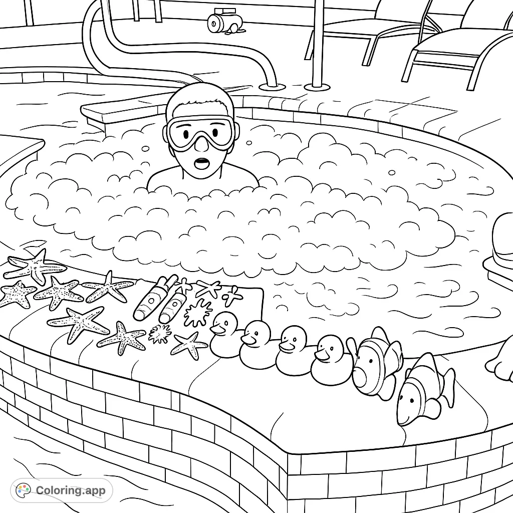 Dive into fun with this hot tub coloring page! A person in goggles enjoys bubbly water, surrounded by playful starfish, rubber ducks, and clownfish toys.