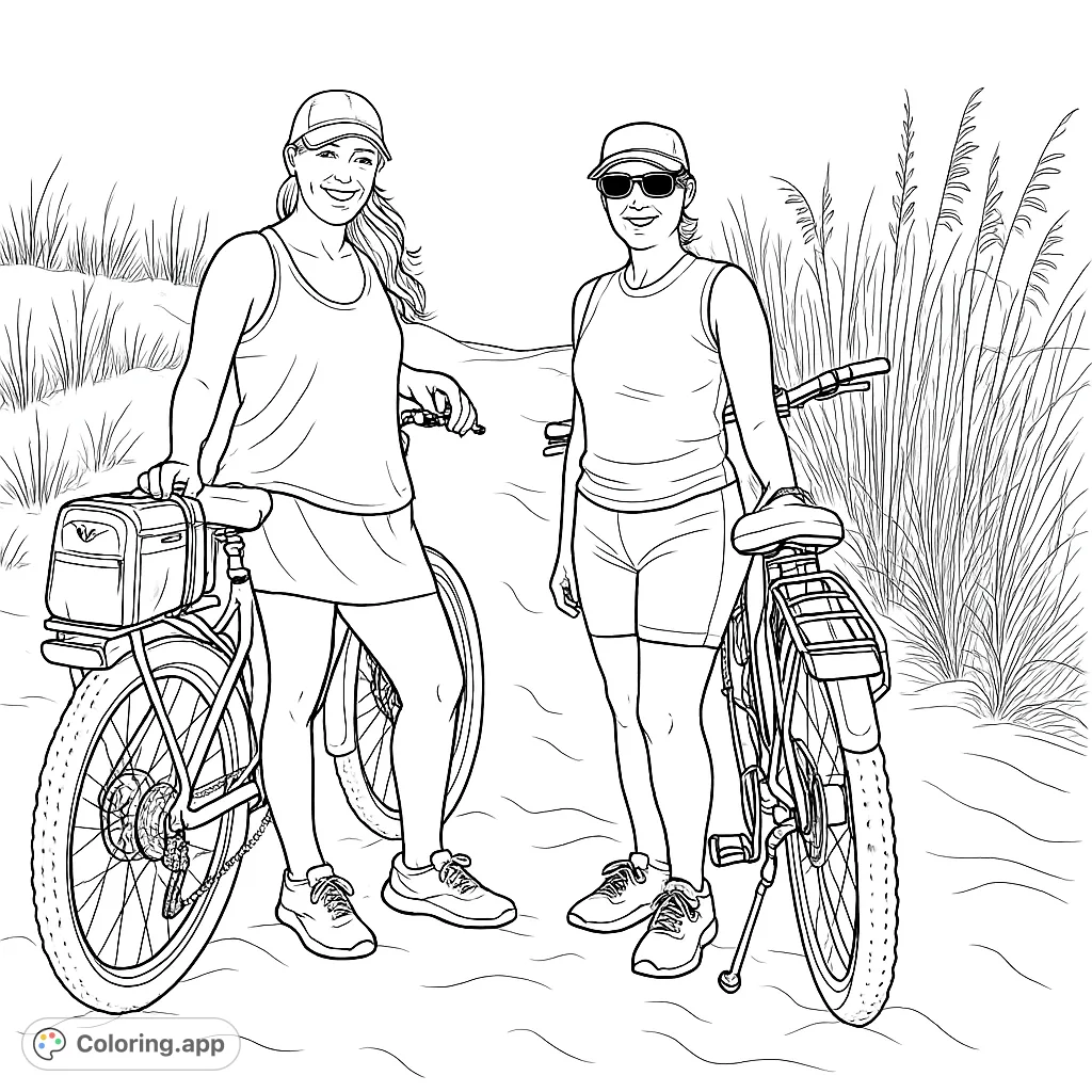 Two women and their bikes on a sandy dune path, surrounded by tall beach grass under a clear sky. A perfect beach cycling coloring page.