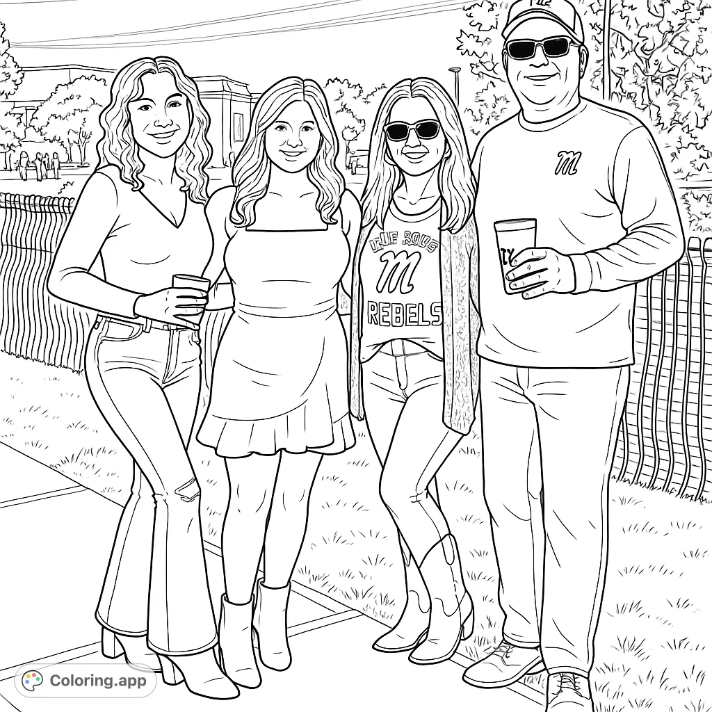 Capture a cheerful family gathering on a campus, featuring four individuals with distinct outfits and a detailed outdoor setting.