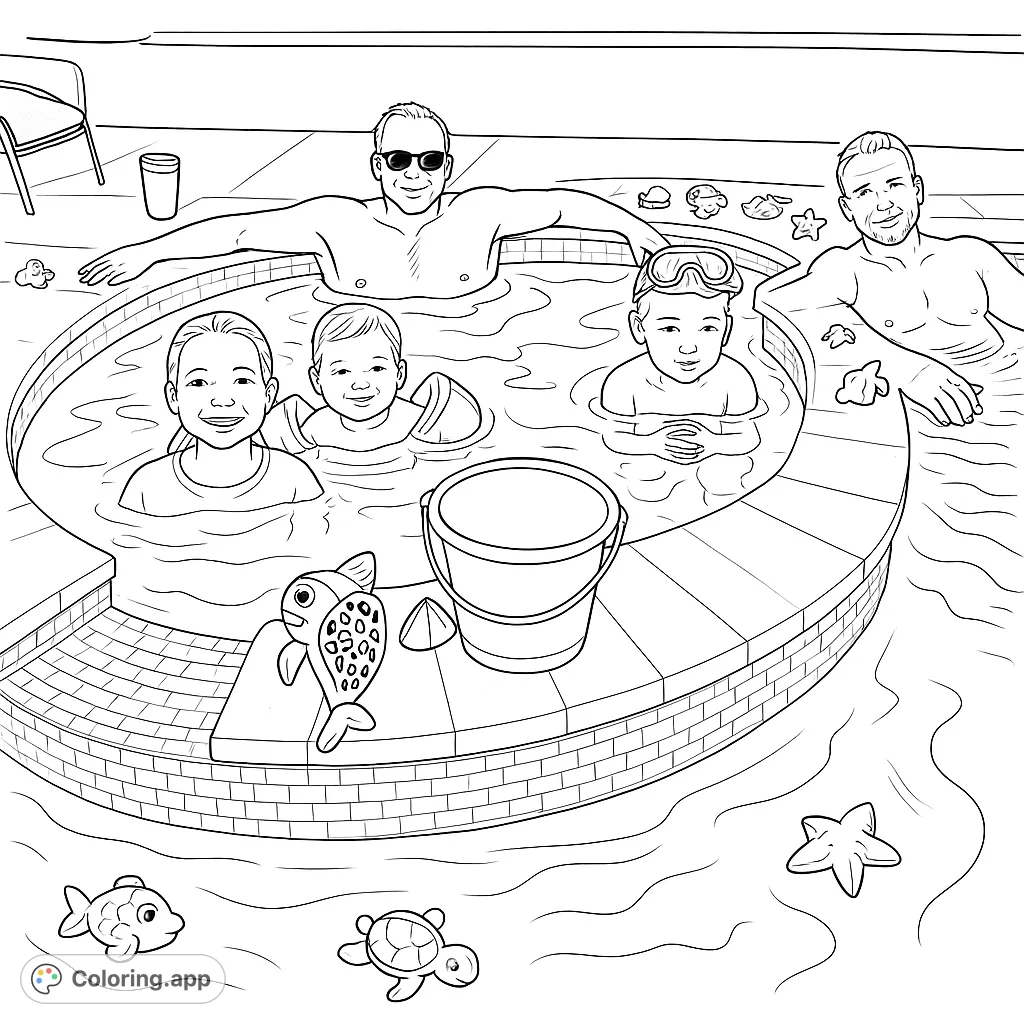 Dive into family fun! A joyful hot tub scene with adults and kids, surrounded by playful toys. Perfect for a relaxing coloring escape.