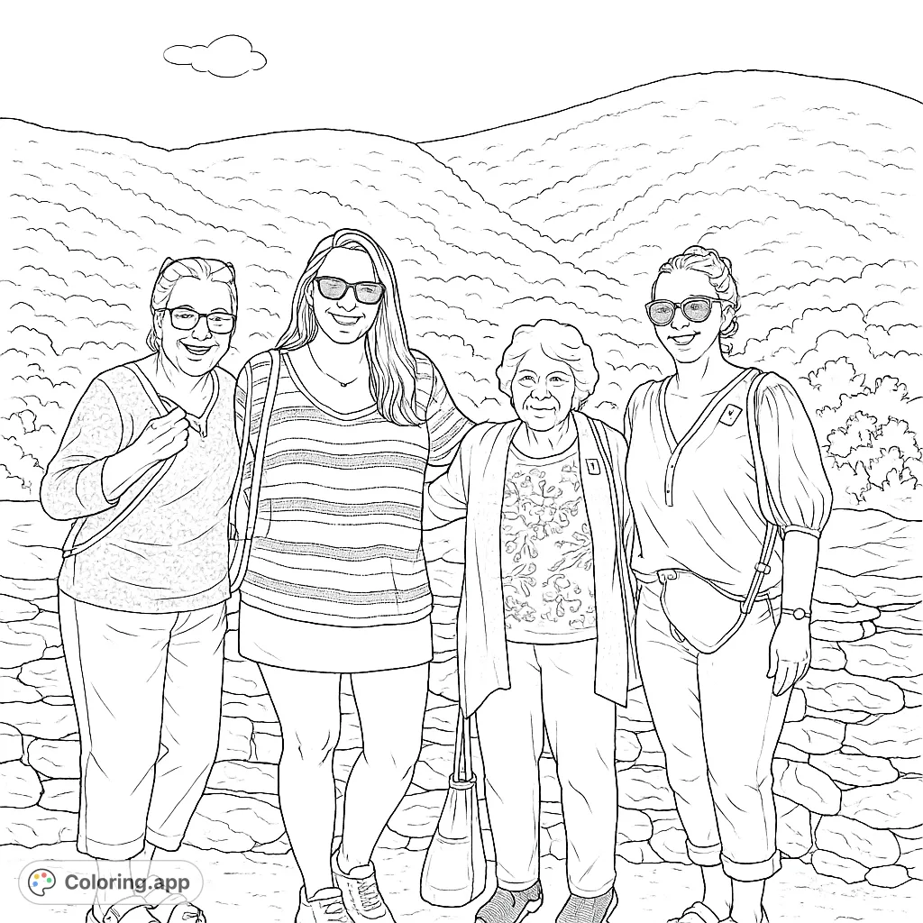 Capture a heartwarming moment with four individuals posing against a stunning mountain backdrop. A detailed scene for a relaxing coloring experience.