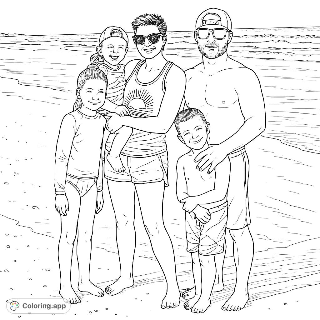 A joyful family of five enjoys a sunny beach day, perfect for a relaxing coloring escape. Free printable family beach coloring page for all ages.