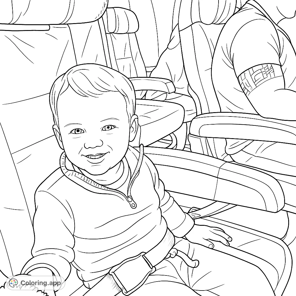 A delightful baby on airplane coloring page, perfect for free printable coloring page fun. Features a happy toddler ready for adventure, ideal for kids and adults.