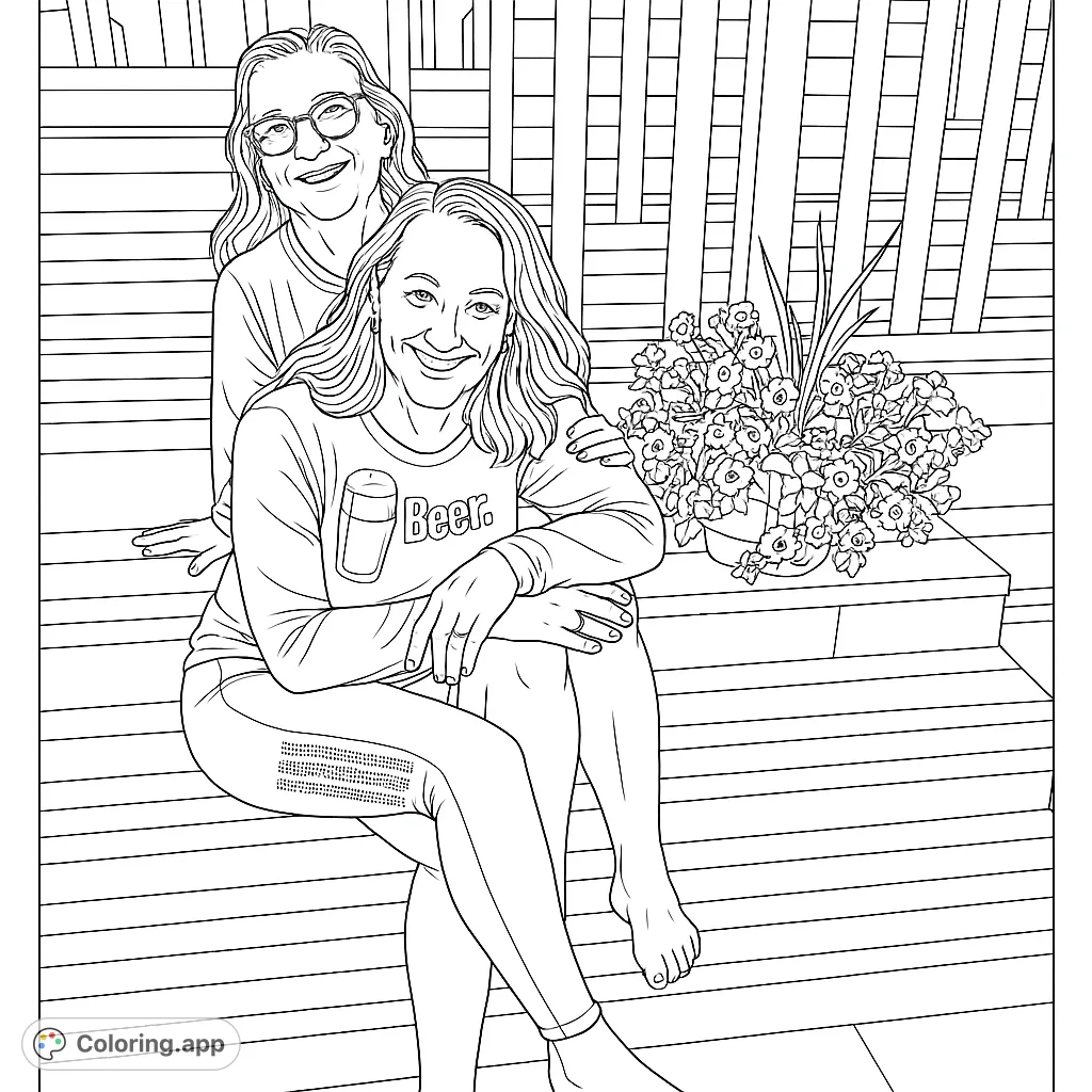 Two smiling friends share a joyful moment on wooden steps, surrounded by a vibrant potted plant. A heartwarming scene for a relaxing coloring experience.