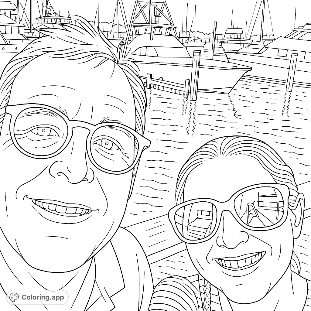 Capture a joyful moment at the marina with this free printable boating day portrait coloring page. Features two smiling individuals and detailed yachts.