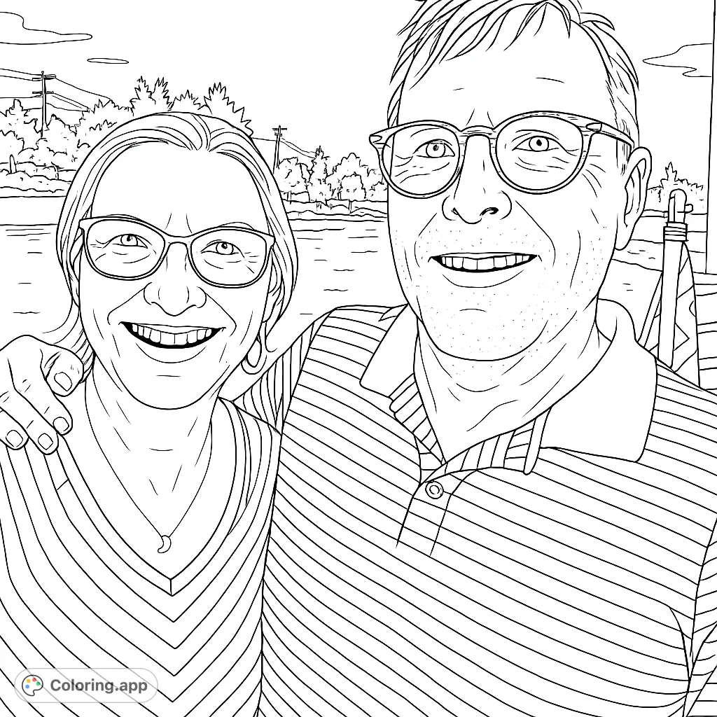 A heartwarming portrait of a smiling couple on a boat, with water and distant shore. Perfect for a relaxing and personal coloring experience.