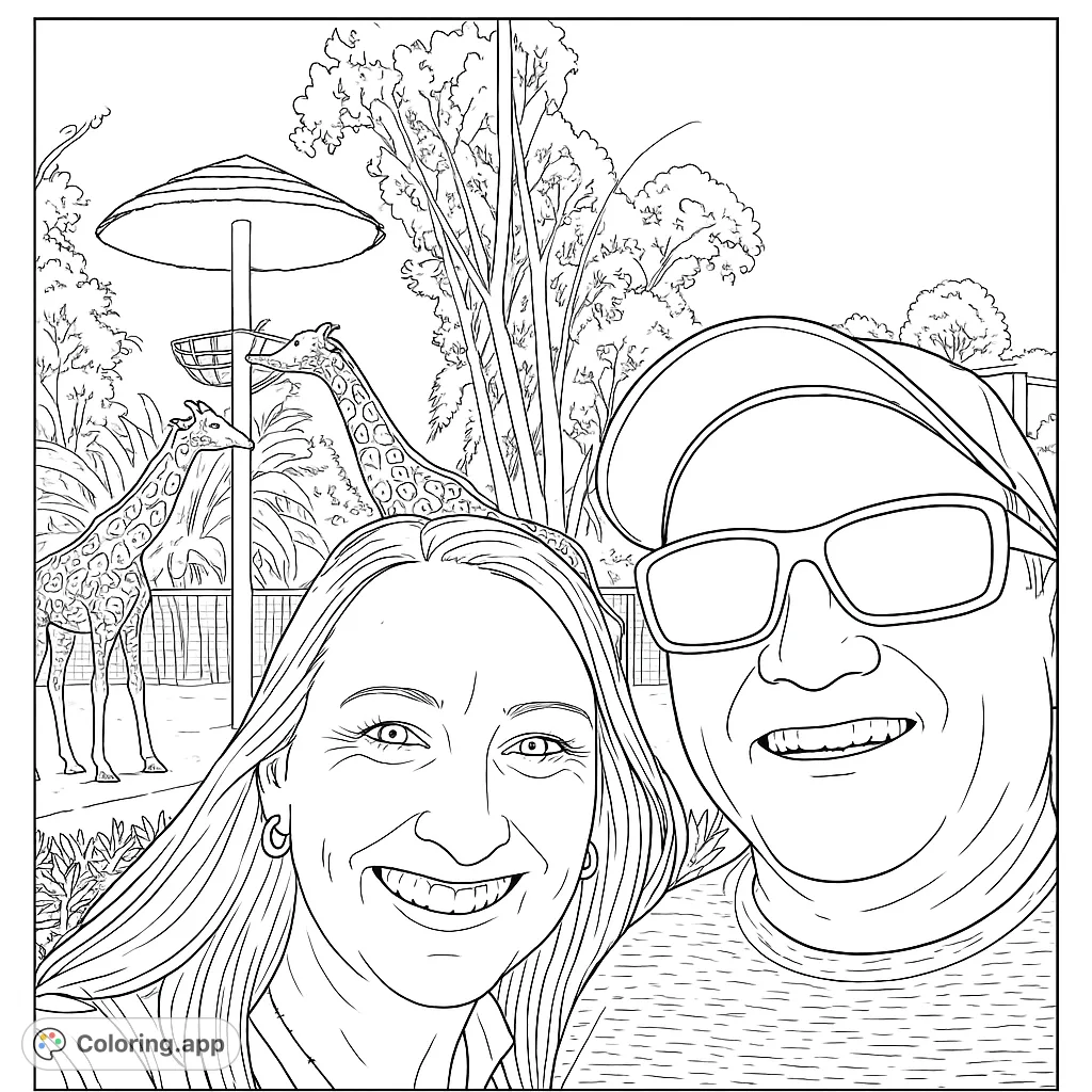 Capture a joyful zoo visit with two smiling individuals and majestic giraffes reaching for food. A delightful animal coloring page for all ages.