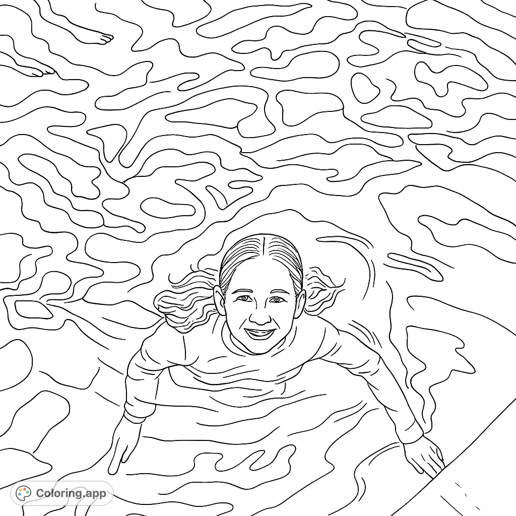 A joyful girl smiles up from wavy water, surrounded by abstract ripples. A fun, free printable water fun coloring page for all ages.