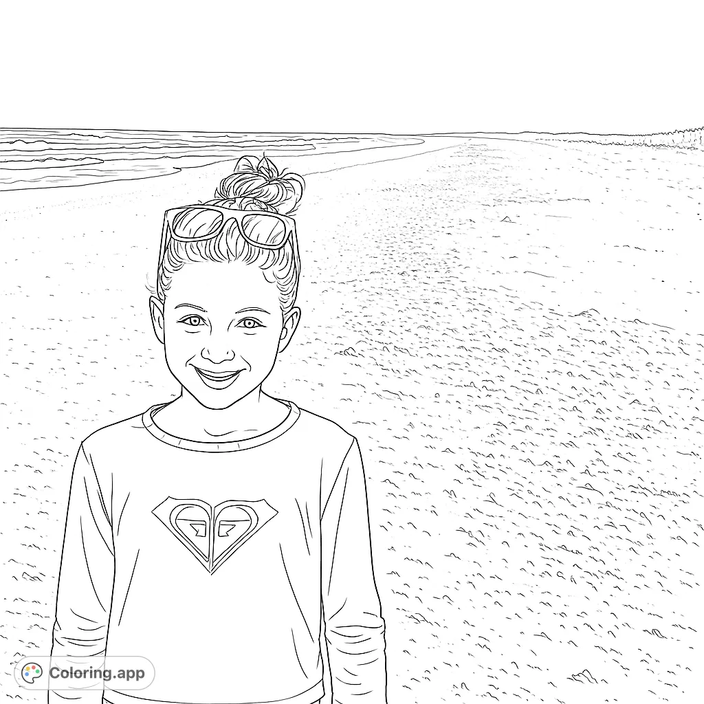 A cheerful girl with sunglasses on her head smiles on a sunny beach, with waves gently rolling in the background. Perfect for summer fun!