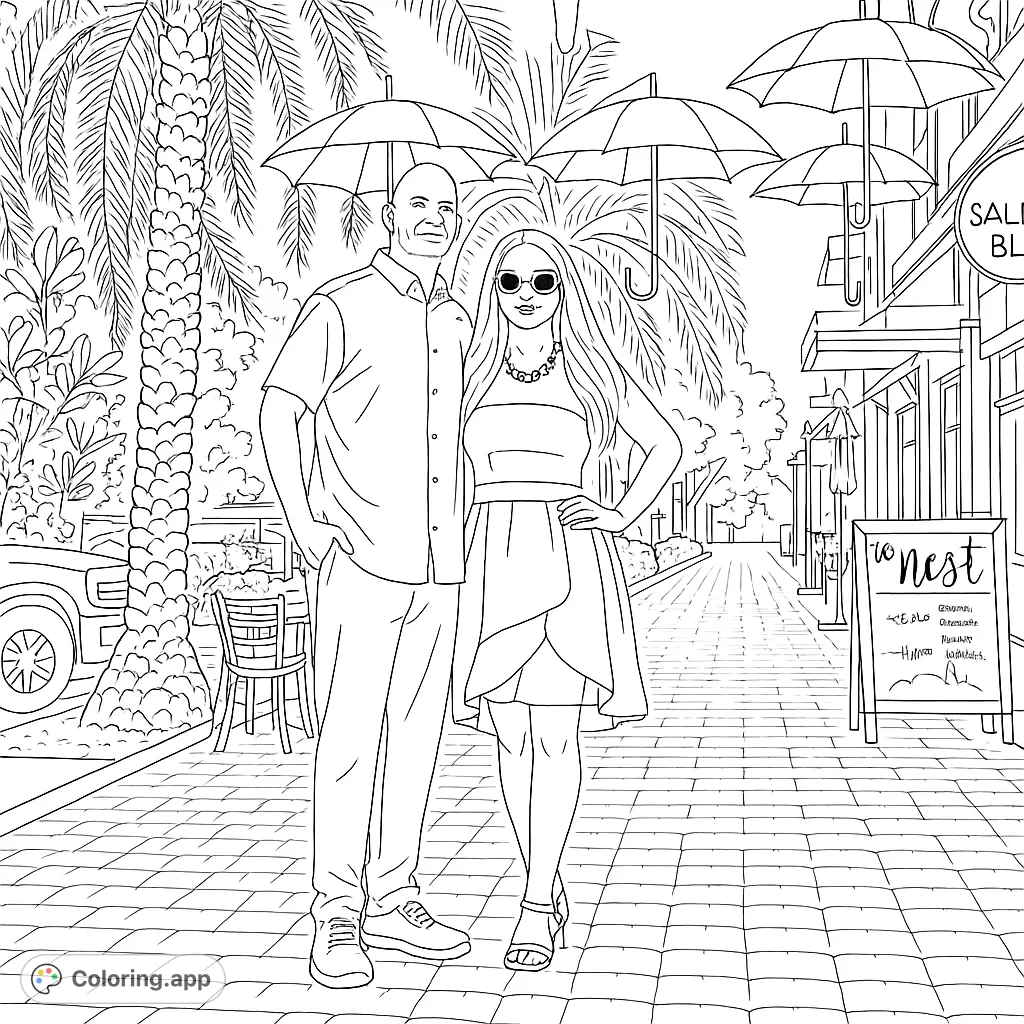 A couple poses on a vibrant street with suspended umbrellas and palm trees. A fun, detailed scene for all ages to color.