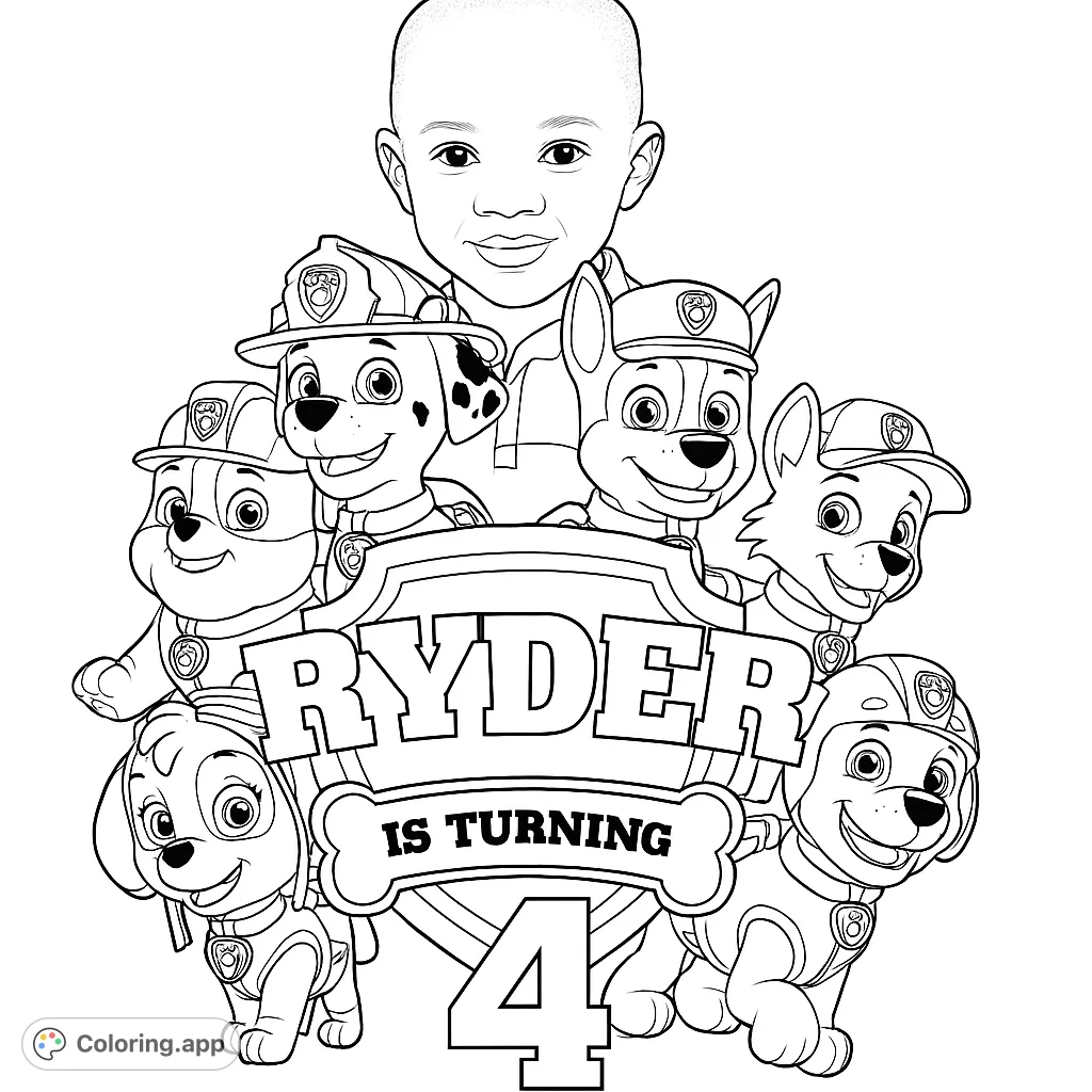A fun birthday celebration coloring page featuring Ryder and his six puppy friends surrounding a shield with 'Ryder is Turning 4' outlines. Perfect for kids!