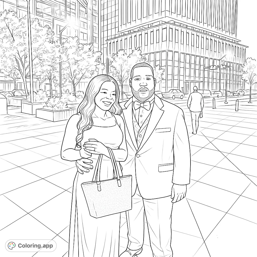 A stylish couple stands in a vibrant city, ready for coloring. This free printable city life coloring page offers detailed urban scenes for all ages.