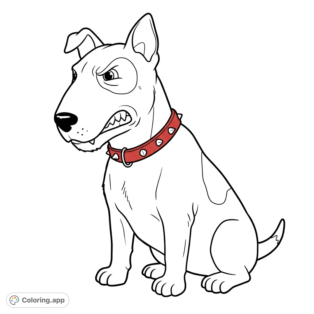 Unleash your creativity with this fierce bull terrier coloring page! Featuring an angry dog with a studded collar, perfect for bold colors and expressive art.