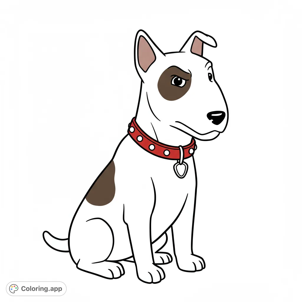 A charming Bull Terrier dog coloring page, featuring a loyal canine with a studded collar. Perfect free printable coloring page for dog lovers of all ages.