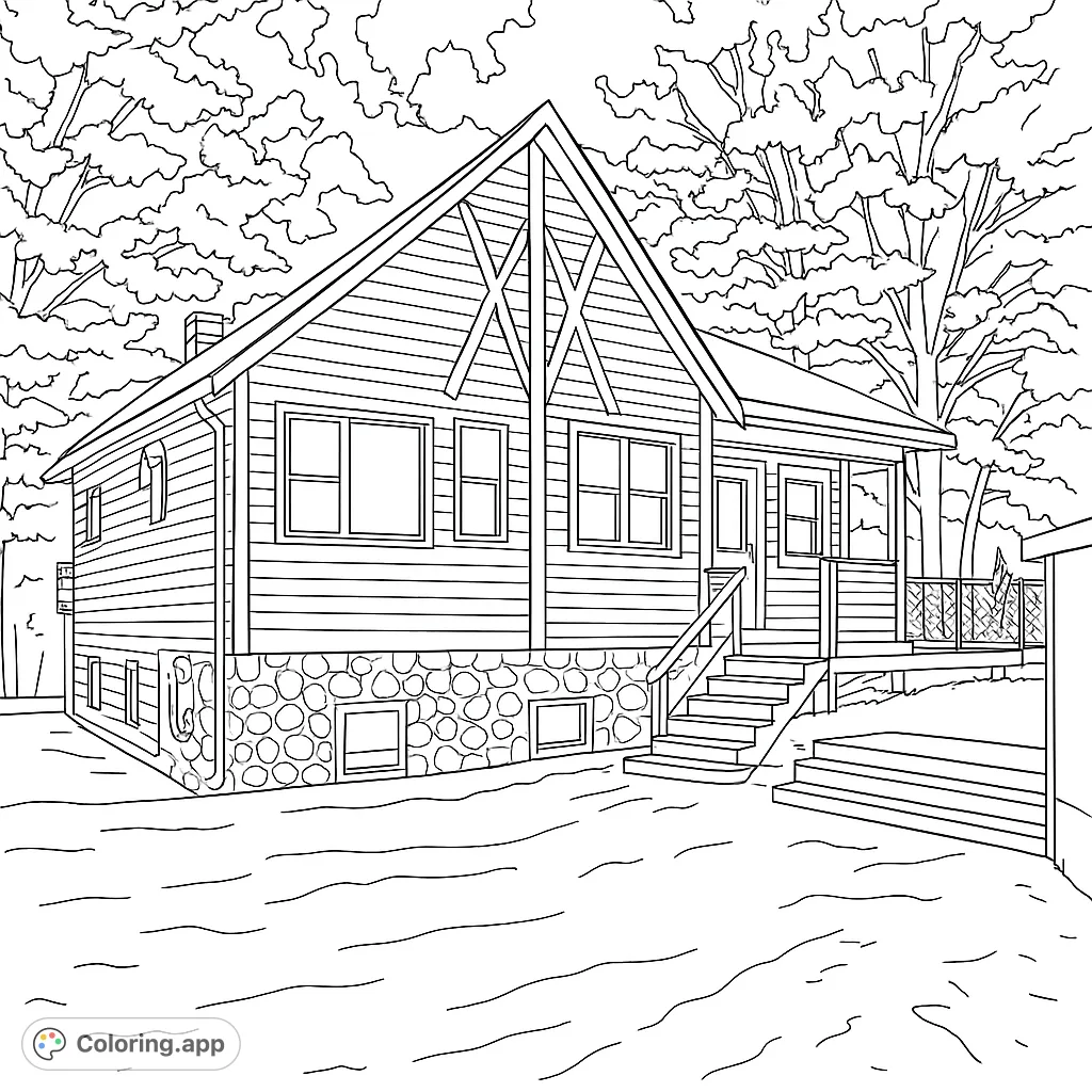 Color a charming A-frame cabin nestled among trees, featuring stone foundation, inviting porch, and detailed siding. A perfect nature escape!