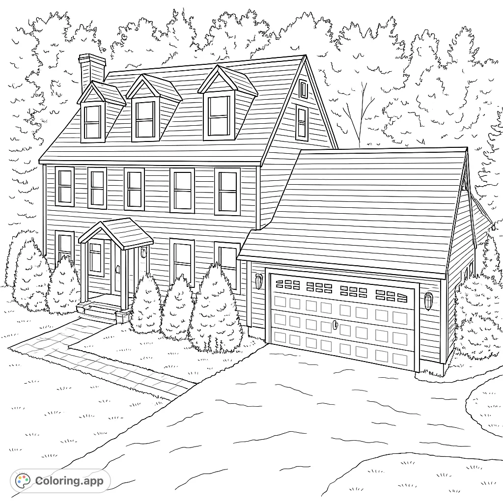 Explore a detailed grand family home coloring page, featuring intricate architecture, a welcoming porch, and lush surrounding landscape.