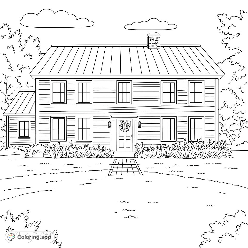 A charming two-story wooden house with a metal roof, surrounded by lush trees and garden beds. Features a stone path and numerous windows, perfect for a relaxing coloring experience.