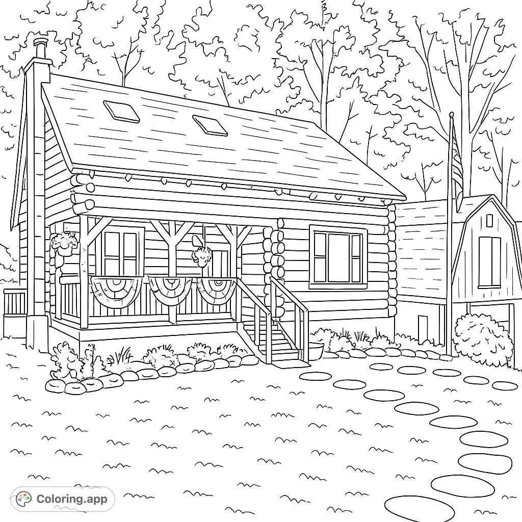 A charming log cabin with a welcoming porch, surrounded by nature, featuring a flag and a barn, perfect for a relaxing coloring experience.