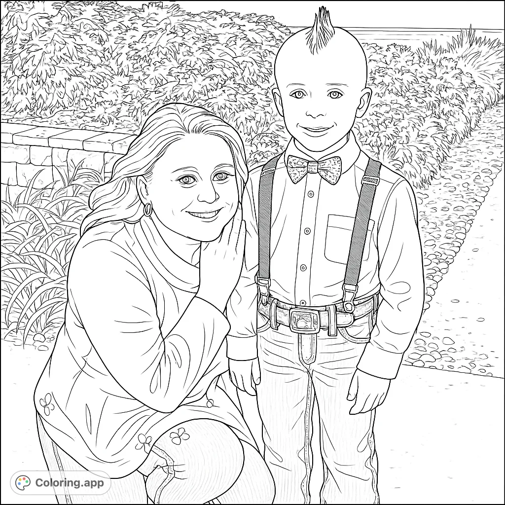 A heartwarming family portrait coloring page featuring a smiling woman and a dapper young boy with a mohawk, set against a lush garden backdrop. Perfect for all ages!