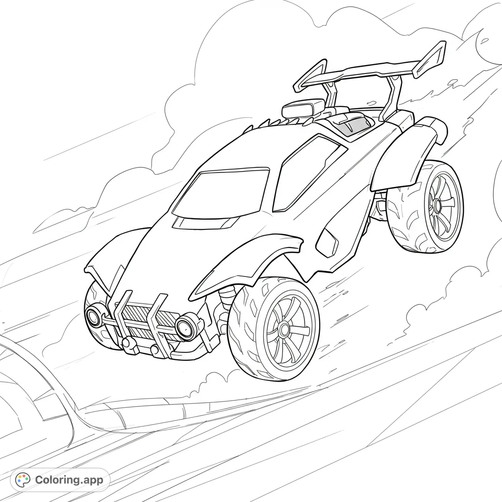 Dynamic futuristic car mid-jump, ready for vibrant colors. Perfect for speed enthusiasts and creative minds. Free printable racing car coloring page.