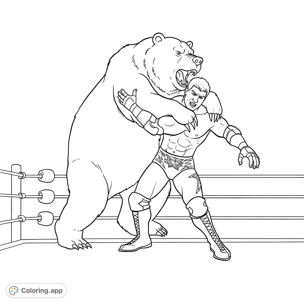 Dynamic wrestling scene: a powerful bear grapples a muscular wrestler in the ring. A thrilling, action-packed free printable coloring page!