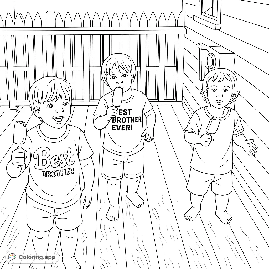 Three happy boys enjoy popsicles on a sunny porch, a delightful summer scene perfect for a free printable coloring page for kids.