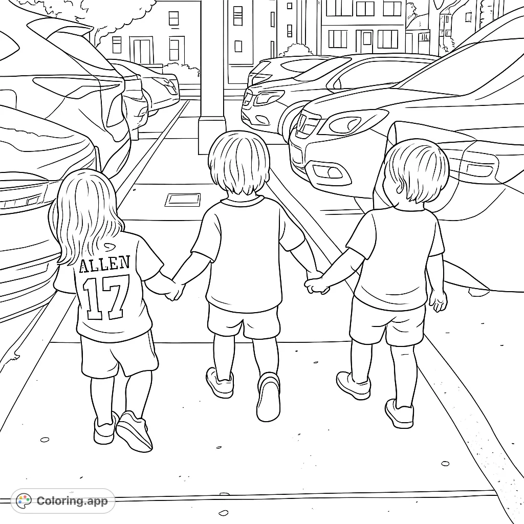 Three children hold hands walking on a city sidewalk past parked cars and buildings. A heartwarming scene for coloring fun.