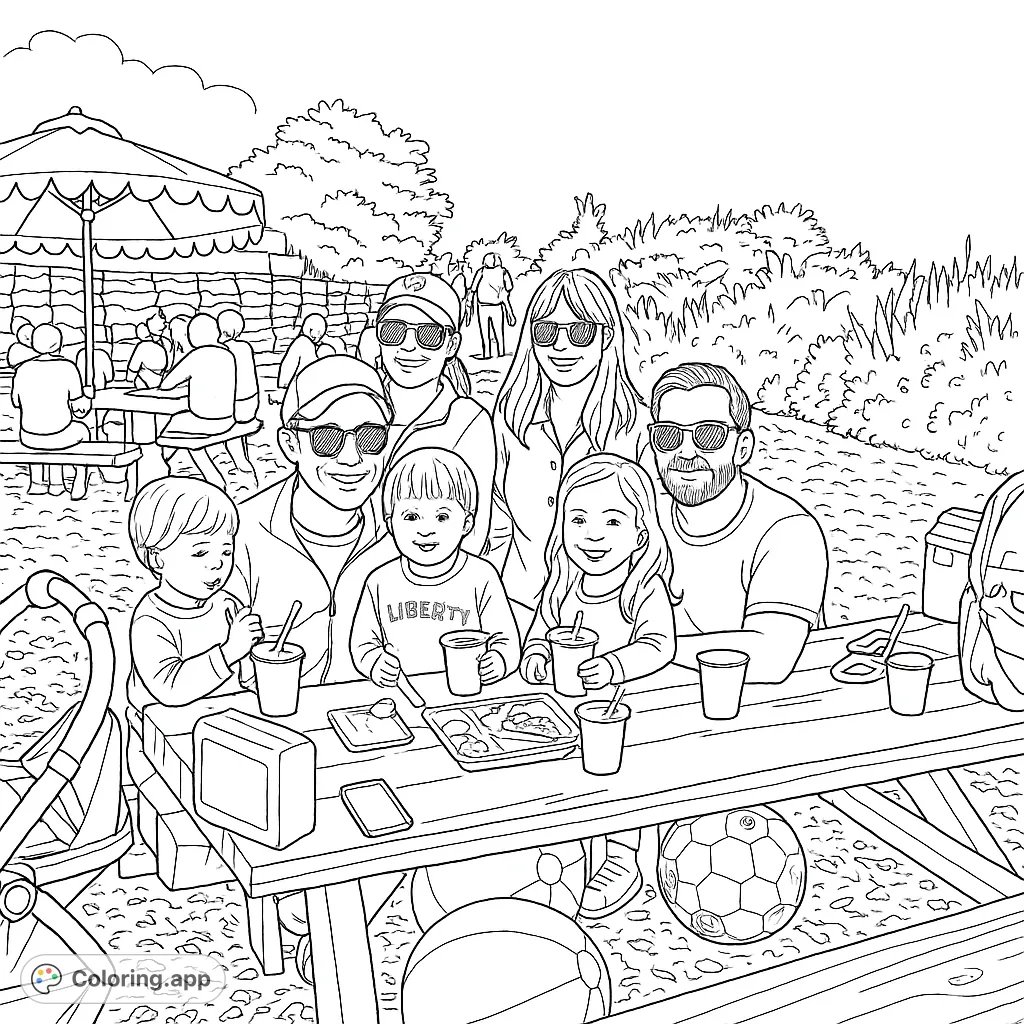 A delightful family picnic scene featuring smiling parents and children at a table, surrounded by outdoor fun. Perfect for a relaxing coloring experience.