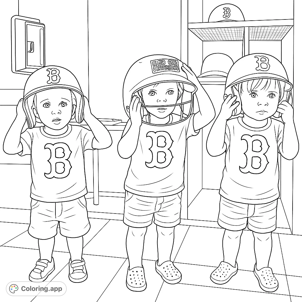 Three adorable kids in baseball uniforms try on helmets, ready for the big game. A fun, free printable baseball coloring page for kids and adults.