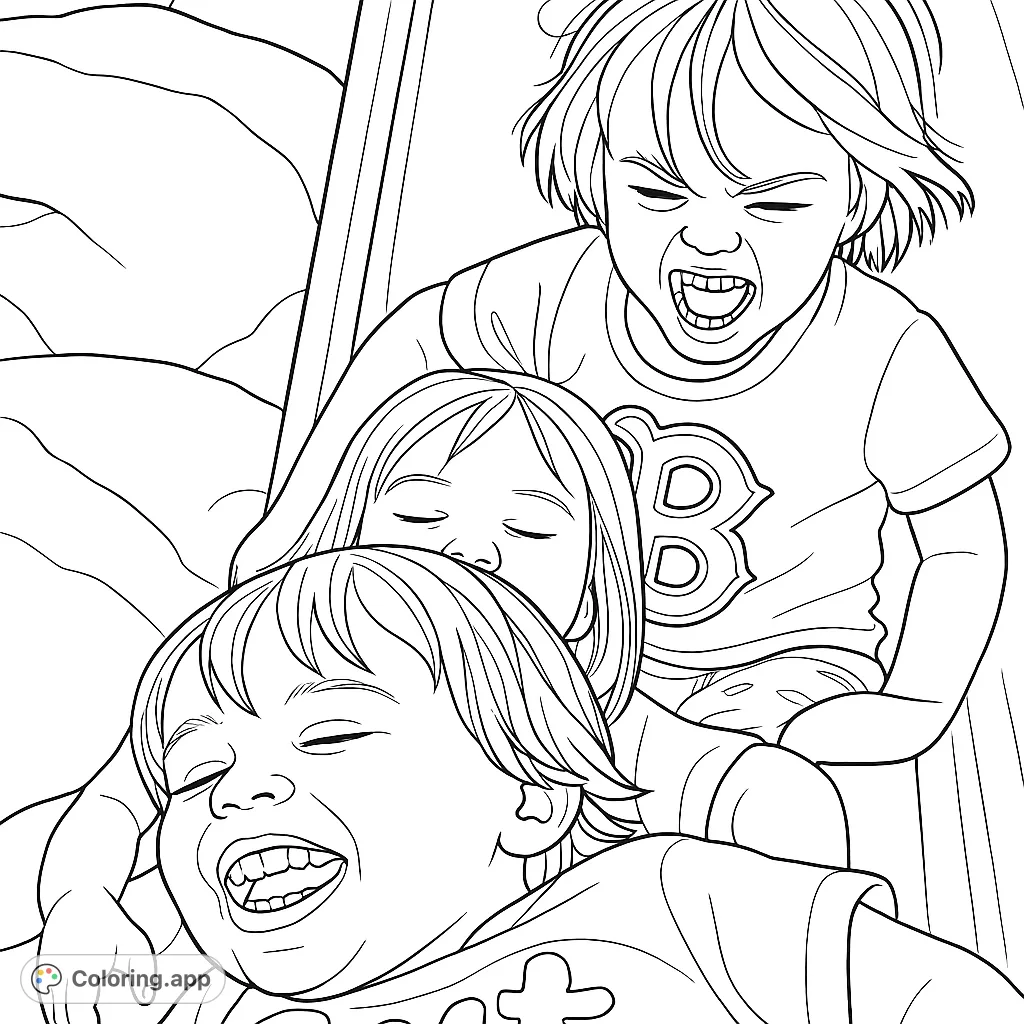 Three energetic kids in a playful pile-up, one laughing, one serene, one yelling. A dynamic and fun free printable kids playtime coloring page.