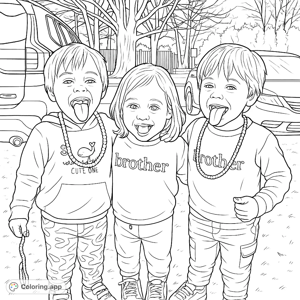 Three joyful children, two boys and a girl, pose playfully outdoors. Perfect for kids, this free printable coloring page captures sibling fun and happy moments.