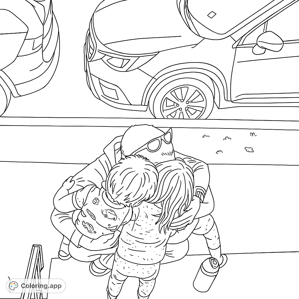 A touching family moment: an adult embraces two children on a sidewalk, with cars in the background. A heartwarming free printable coloring page for all ages.
