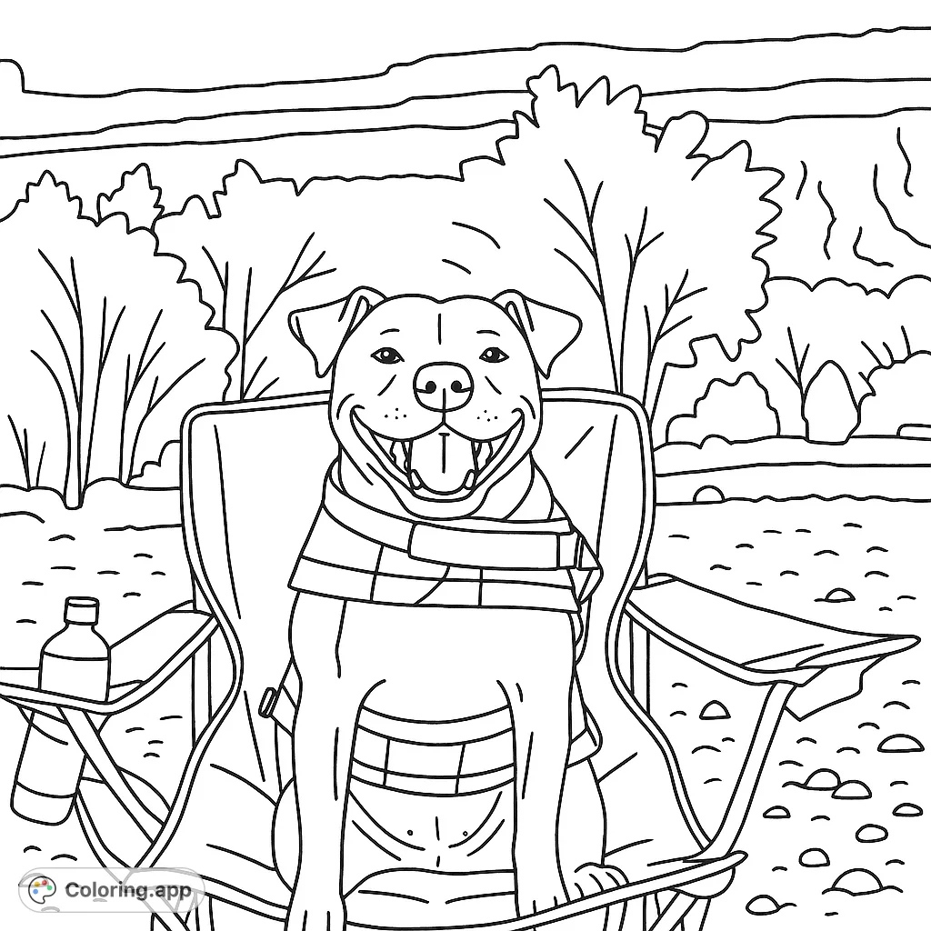 A cheerful dog in a camping chair, ready for outdoor fun. A delightful free printable dog coloring page for all ages, perfect for pet lovers!